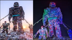 কক্সবাজার সৈকতে প্লাস্টিকের তৈরি ‘রোবট দানব’