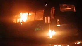 ফরিদপুরে হাইওয়ে থানায় জব্দ করা বাসে আগুন