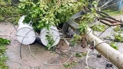 ২৫ অক্টোবর ২০২৩, ঘূর্ণিঝড়ের কারণে সড়কে পড়ে থাকা বিদ্যুতের খুঁটি/ঢাকা ট্রিবিউন